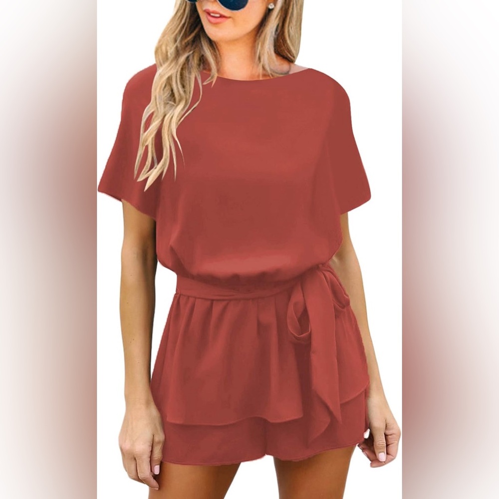 Coral Shorts Romper with Button Closure & Belt - Size XL